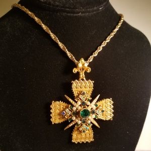 Vintage ART Cross Necklace Maltese Costume Gold